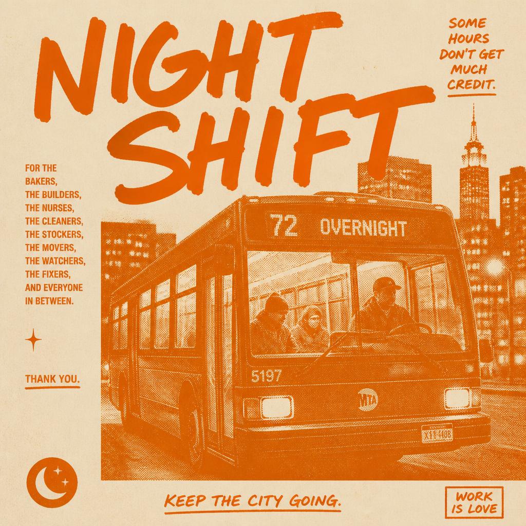 Riso-printed night shift history zine cover